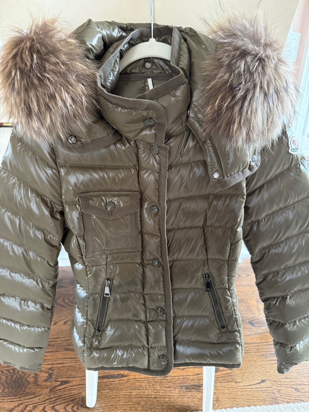 Moncler Women's Armoise Giubbotto Olive Puffer Jacket with removable fur hood